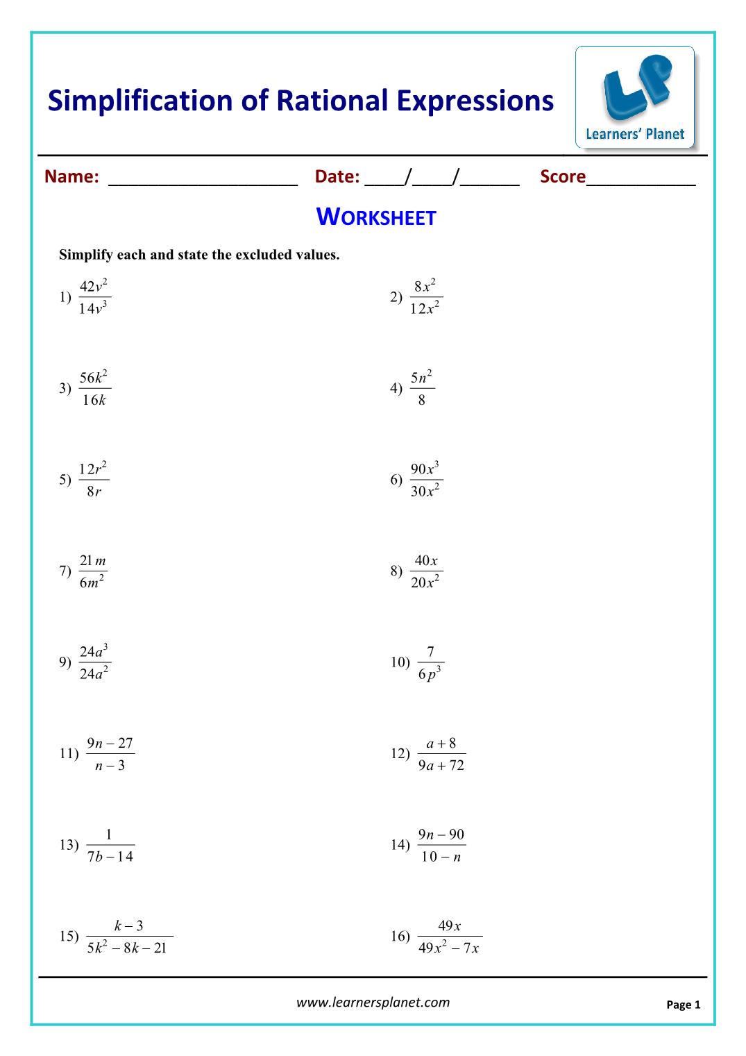 Simplify rational expressions worksheet for 10th math cbse Pertaining To Simplifying Rational Expressions Worksheet