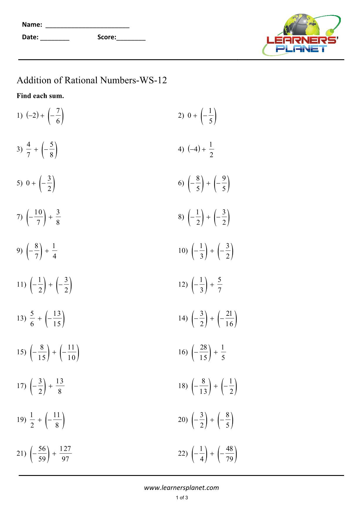 Worksheet on adding rational numbers 20th cbse In Adding Rational Numbers Worksheet