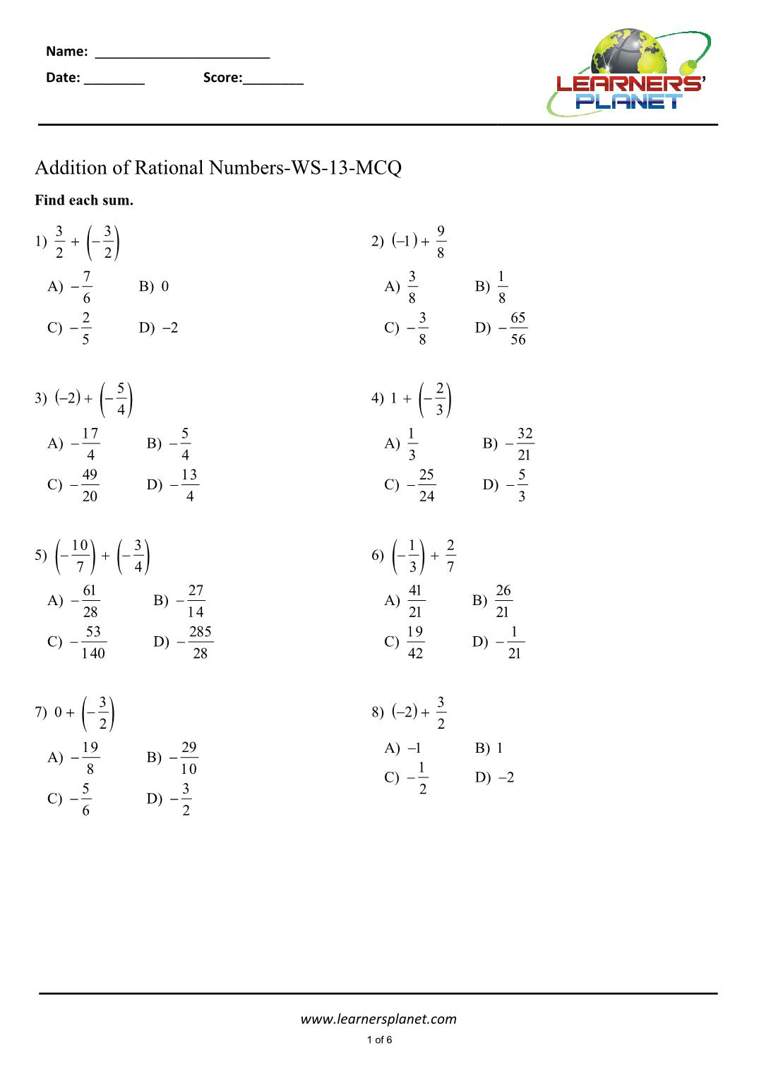 Grade 20 math adding rational number worksheets Regarding Adding Rational Numbers Worksheet