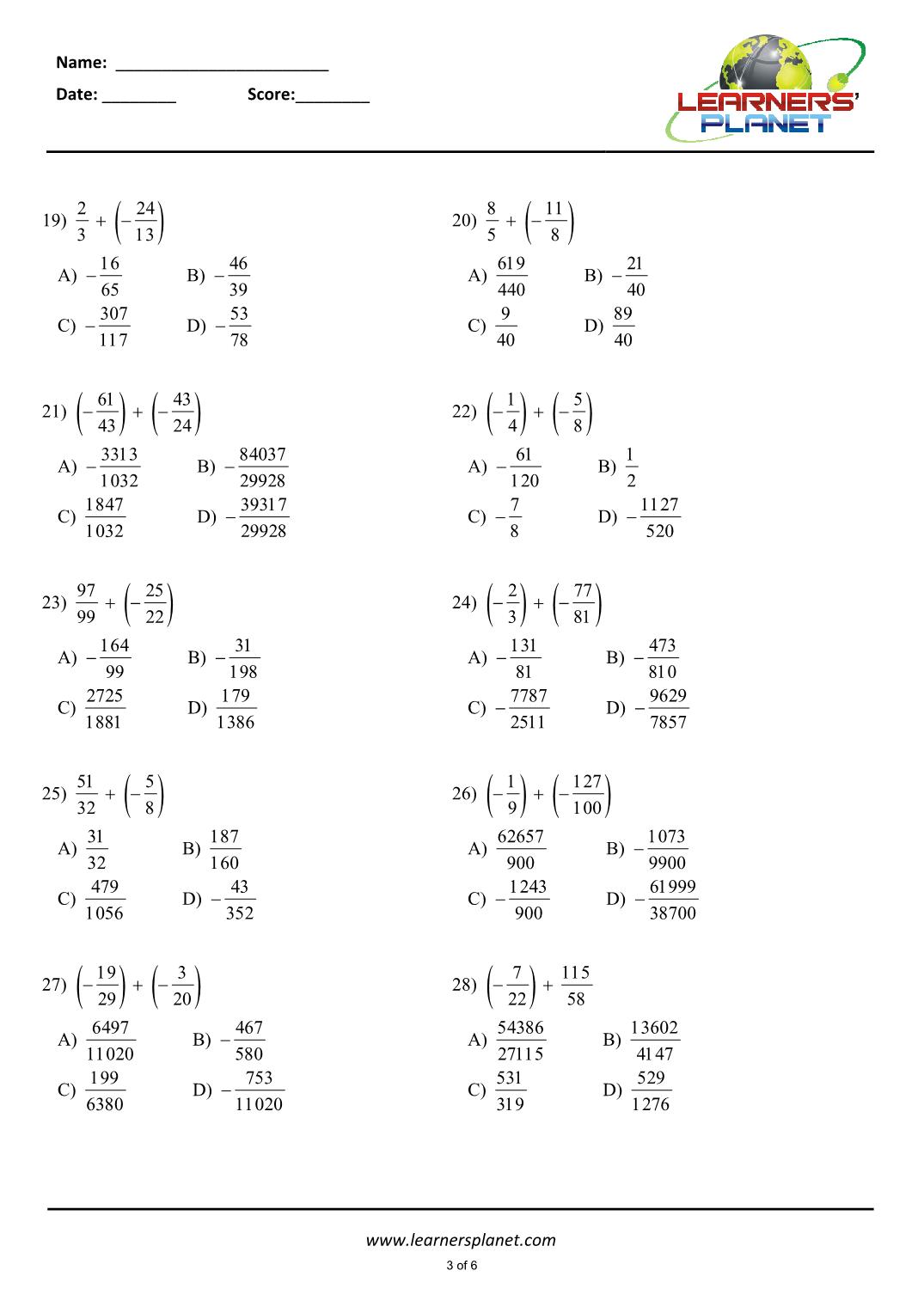 Grade 20 math adding rational number worksheets Within Adding Rational Numbers Worksheet