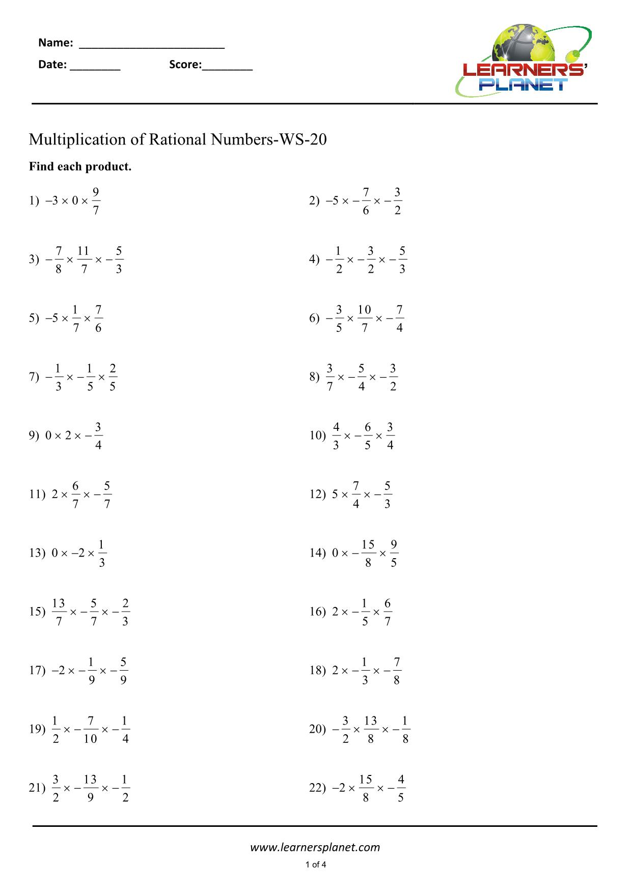 Multiplying rational numbers worksheets maths grade 24 Within Multiplying Rational Numbers Worksheet