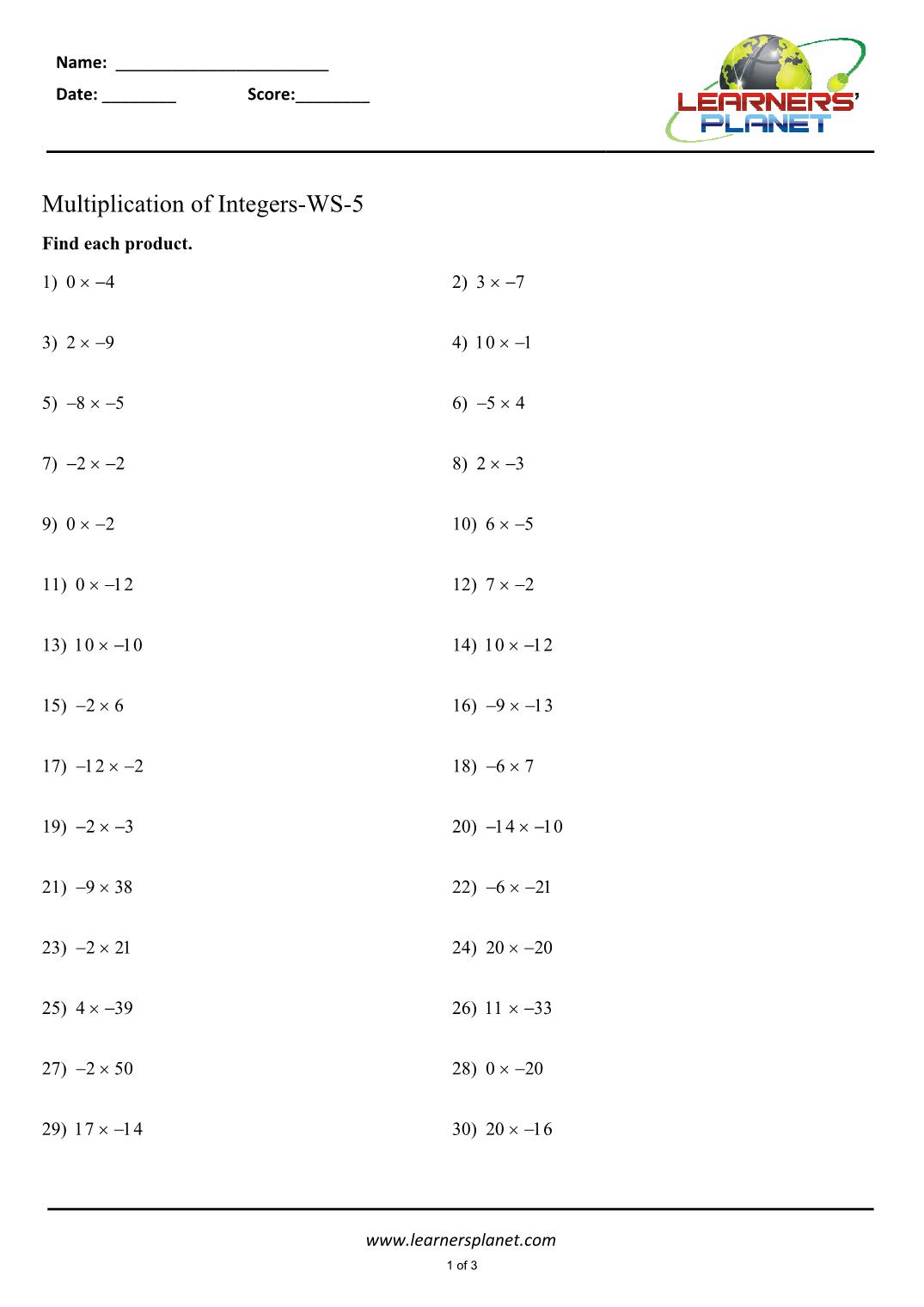 Multiplying integers worksheet grade 21 Within Multiplication Of Integers Worksheet