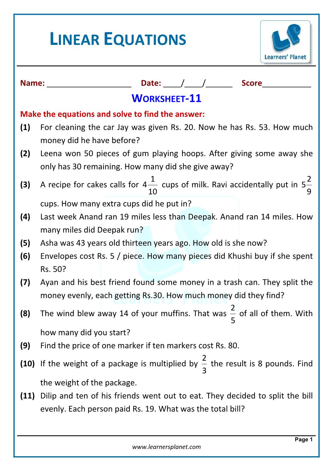 Linear Equations in One Variable For Linear Word Problems Worksheet