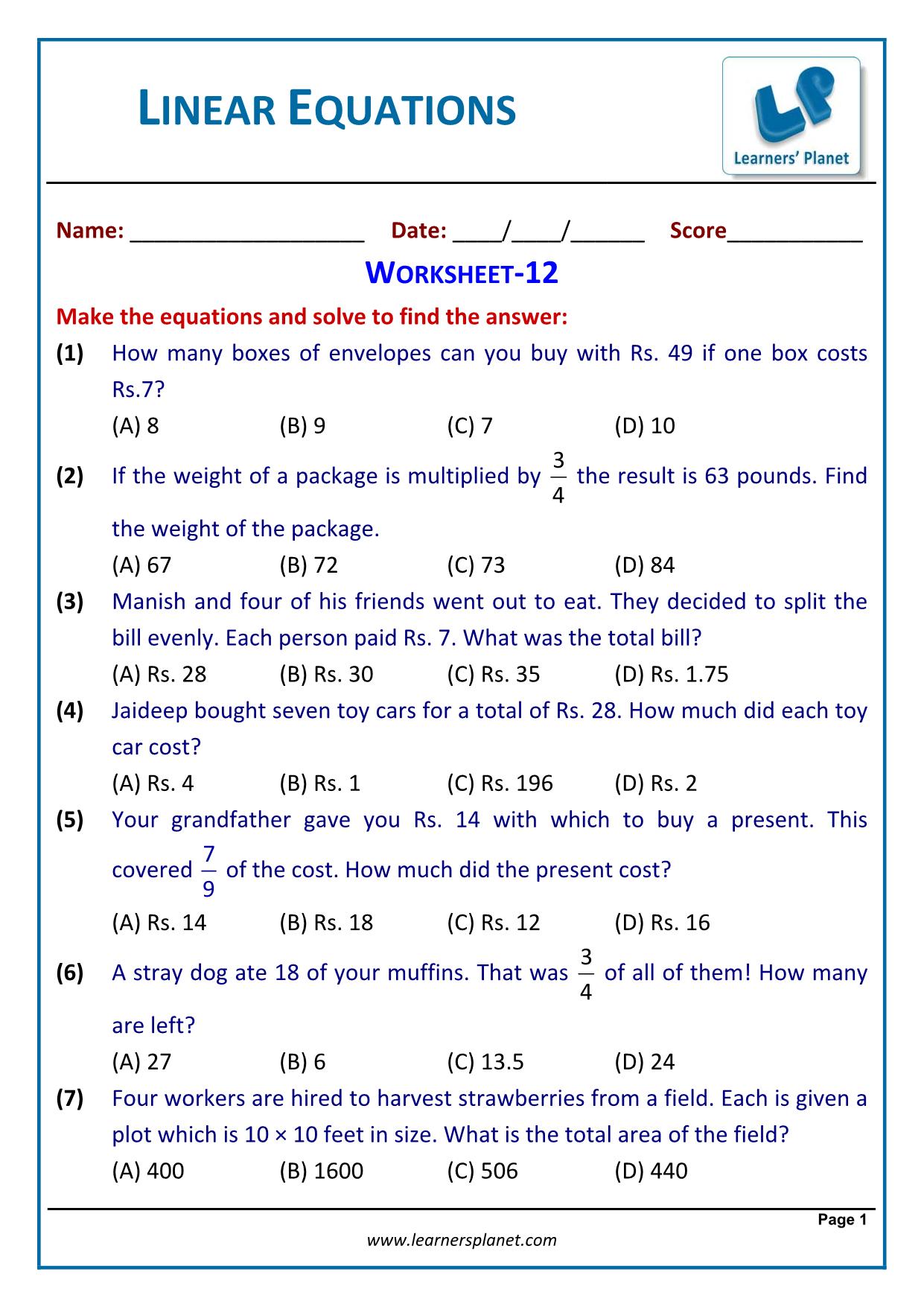 Solve linear equations word problems worksheet grade 11 With Linear Functions Word Problems Worksheet