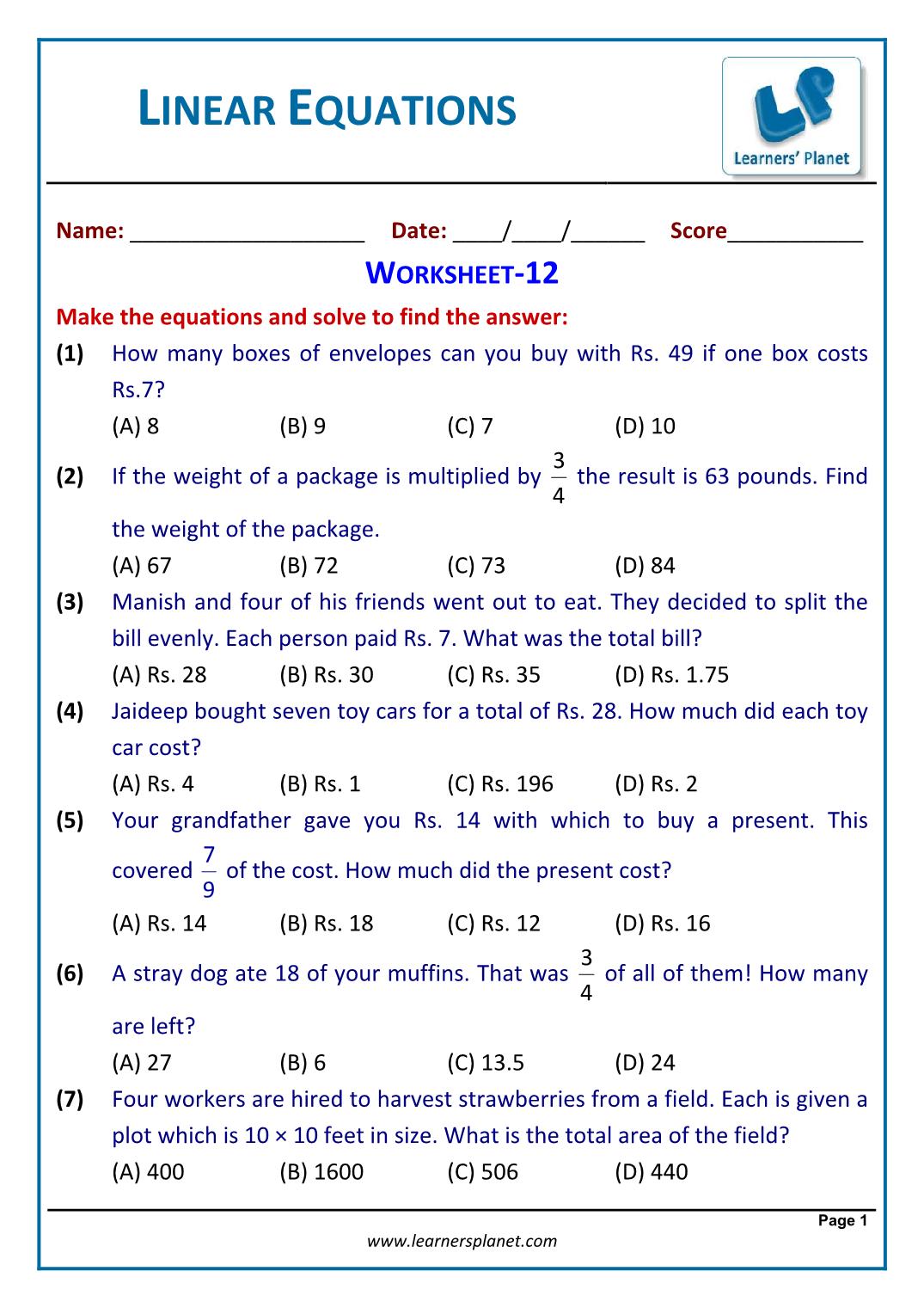 Solve linear equations word problems worksheet grade 24 For Linear Word Problem Worksheet
