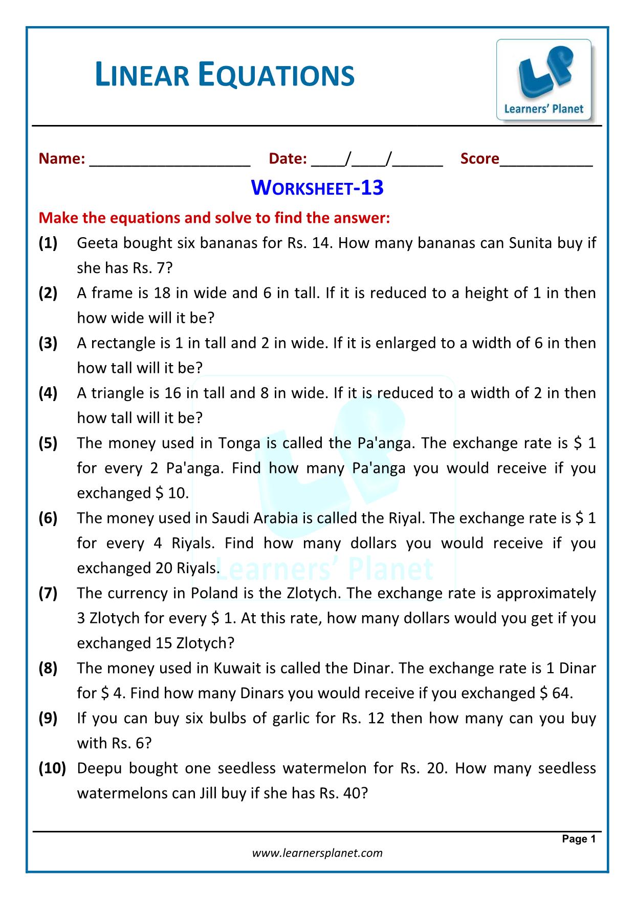 Worksheet for linear equations in one variable class 22 Maths Intended For Linear Word Problems Worksheet