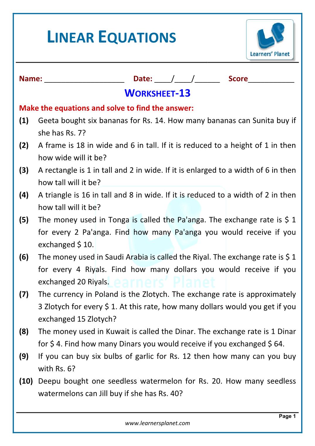 Worksheet for linear equations in one variable class 20 Maths Inside Linear Equation Word Problems Worksheet