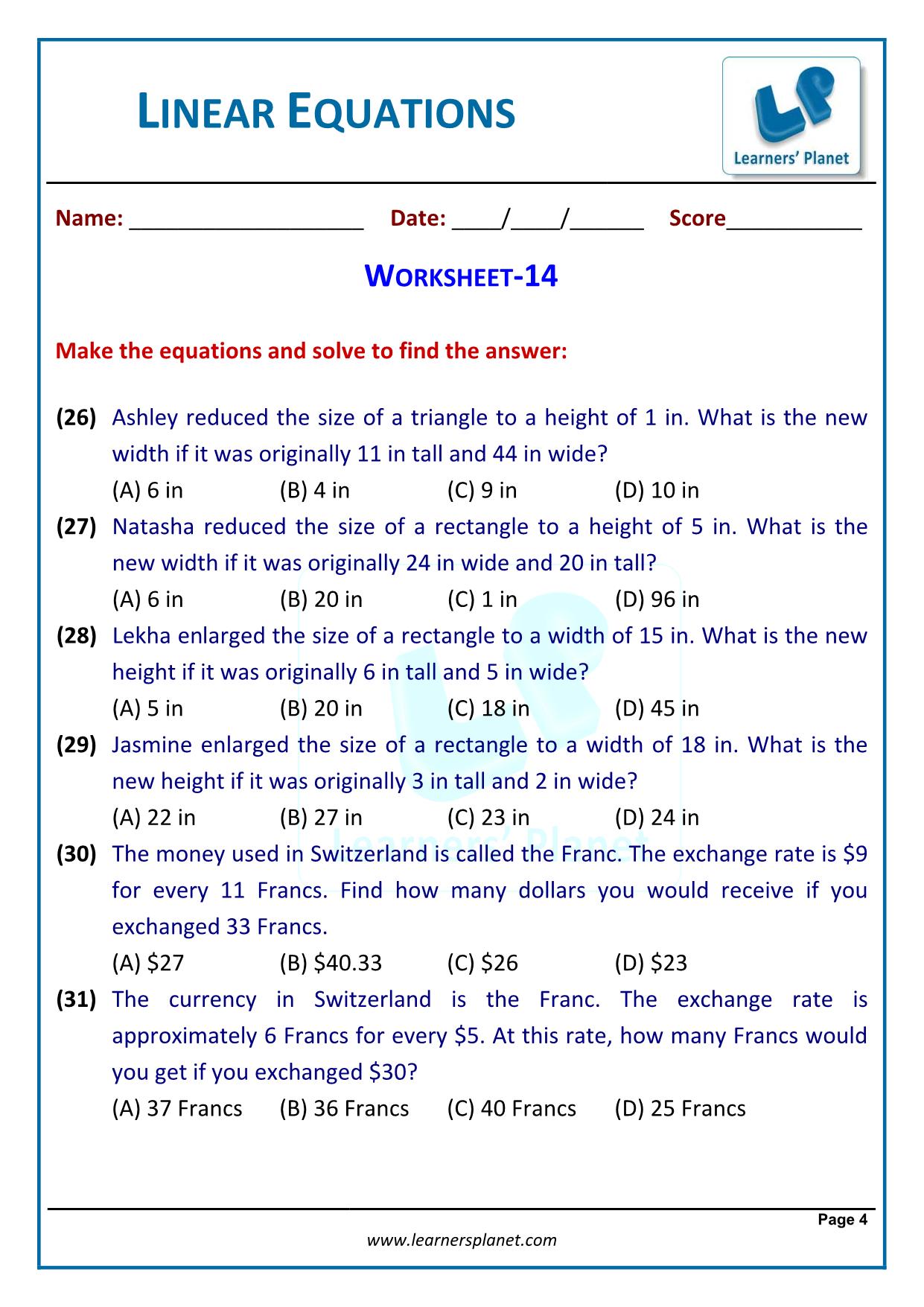 Grade 20 linear equations in one variable word problems Intended For Linear Functions Word Problems Worksheet