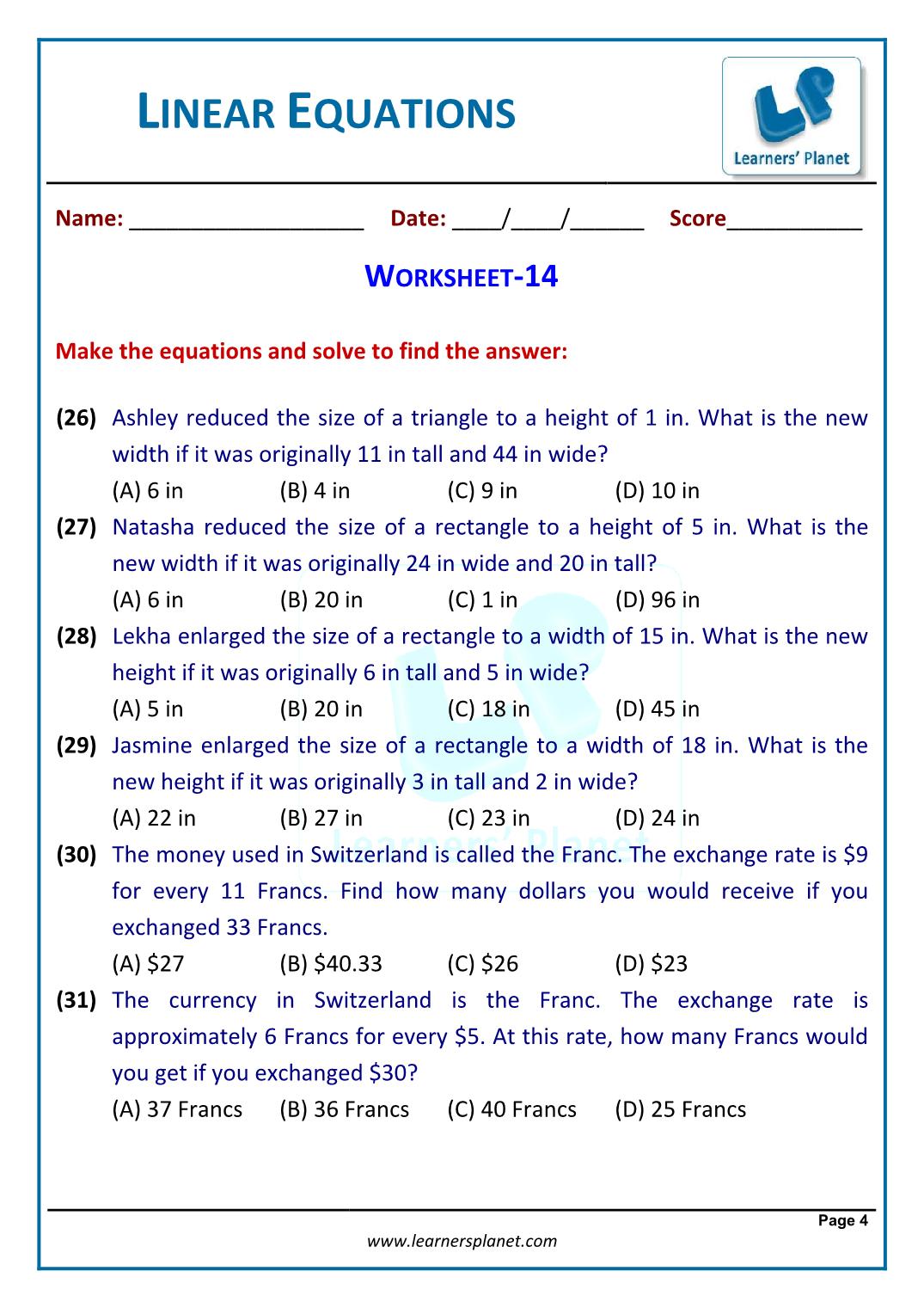 Grade 24 linear equations in one variable word problems With Linear Word Problem Worksheet