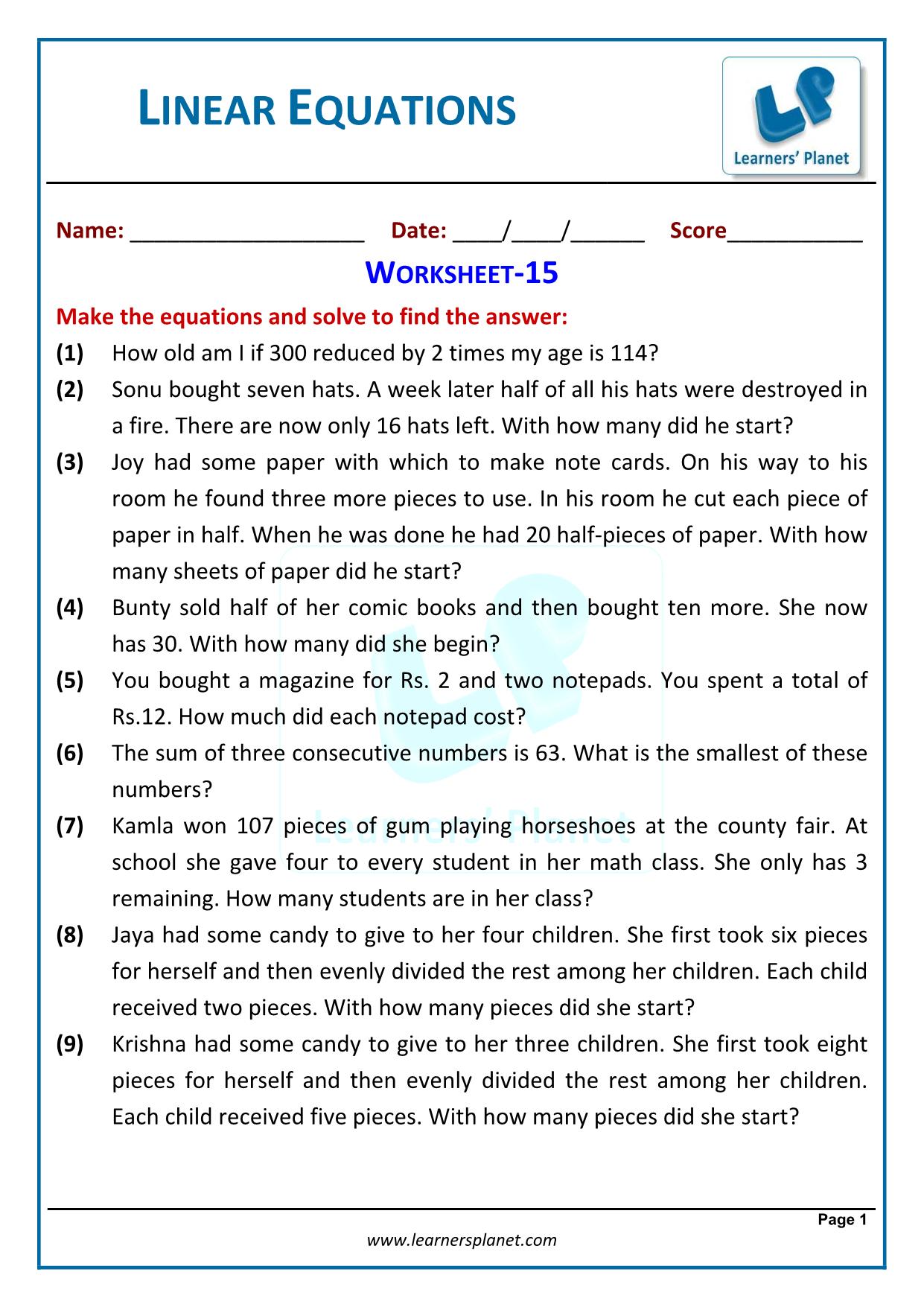 One Step Equations Word Problems Worksheet Pertaining To Linear Equation Word Problems Worksheet