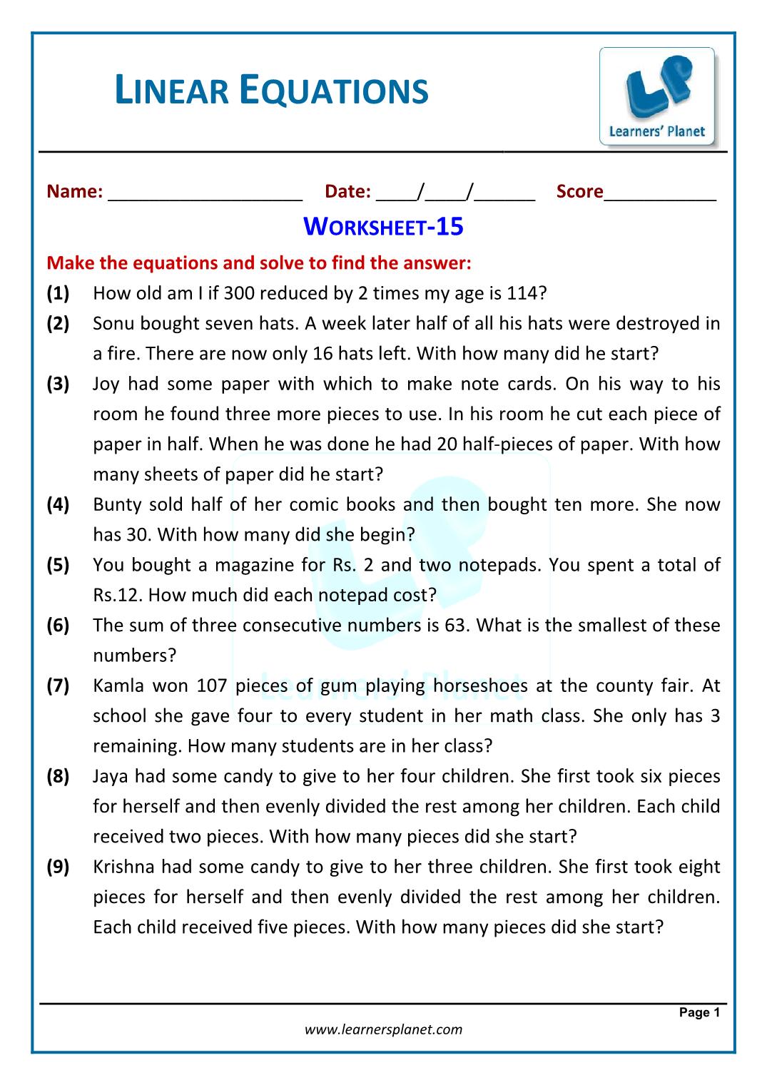 Linear equation word problems worksheet with answer Regarding Linear Equation Word Problems Worksheet