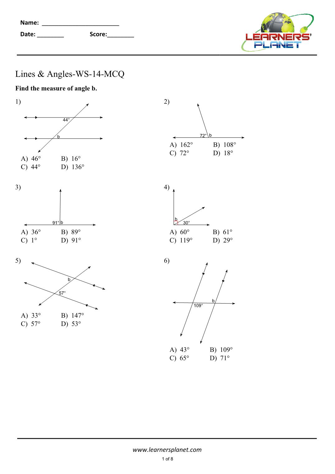 Introduction to lines and angles worksheets grade 22 For Lines And Angles Worksheet
