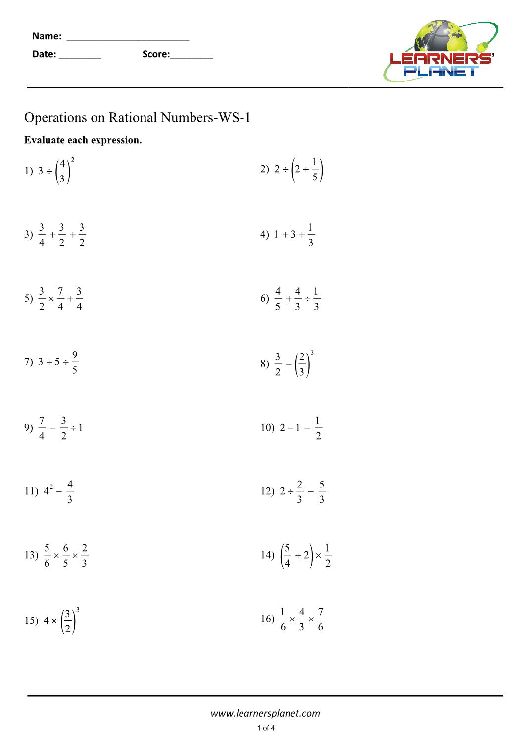 Solving operations on rational numbers 21th grade math Within Operations With Rational Numbers Worksheet