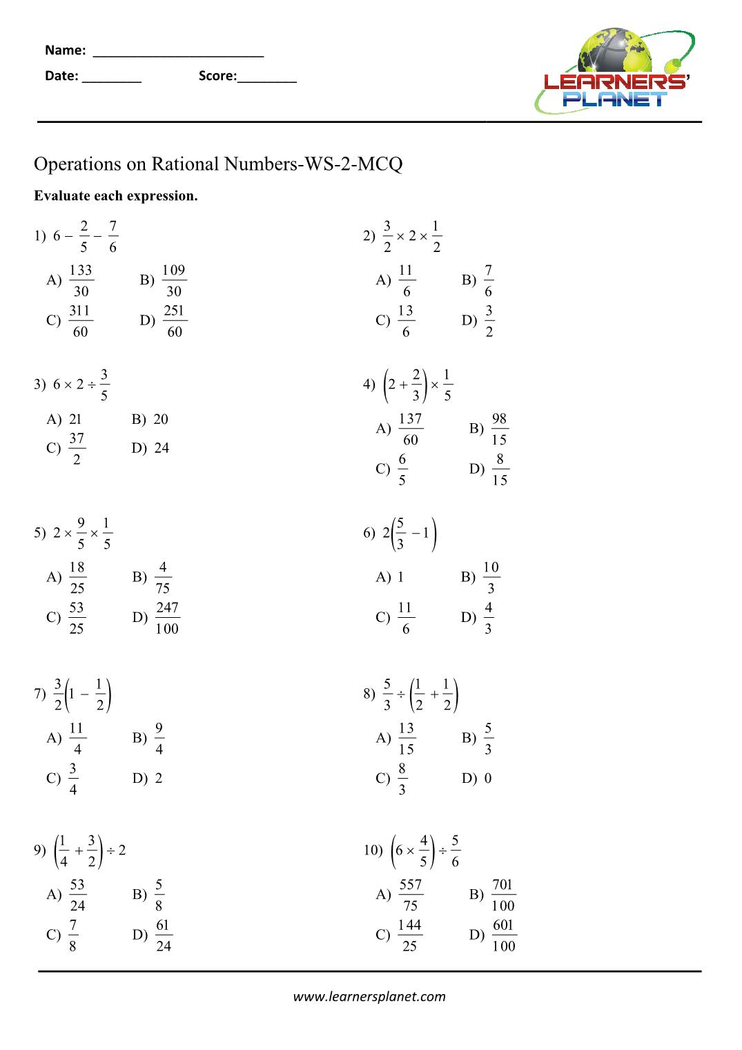 Math class 21 operations with rational numbers worksheets In Operations With Rational Numbers Worksheet