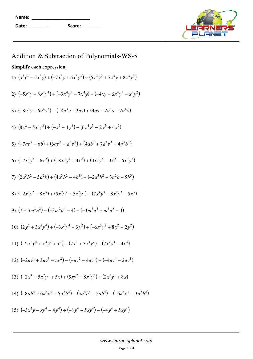 Adding and subtracting polynomials worksheets with answers With Regard To Adding And Subtracting Polynomials Worksheet