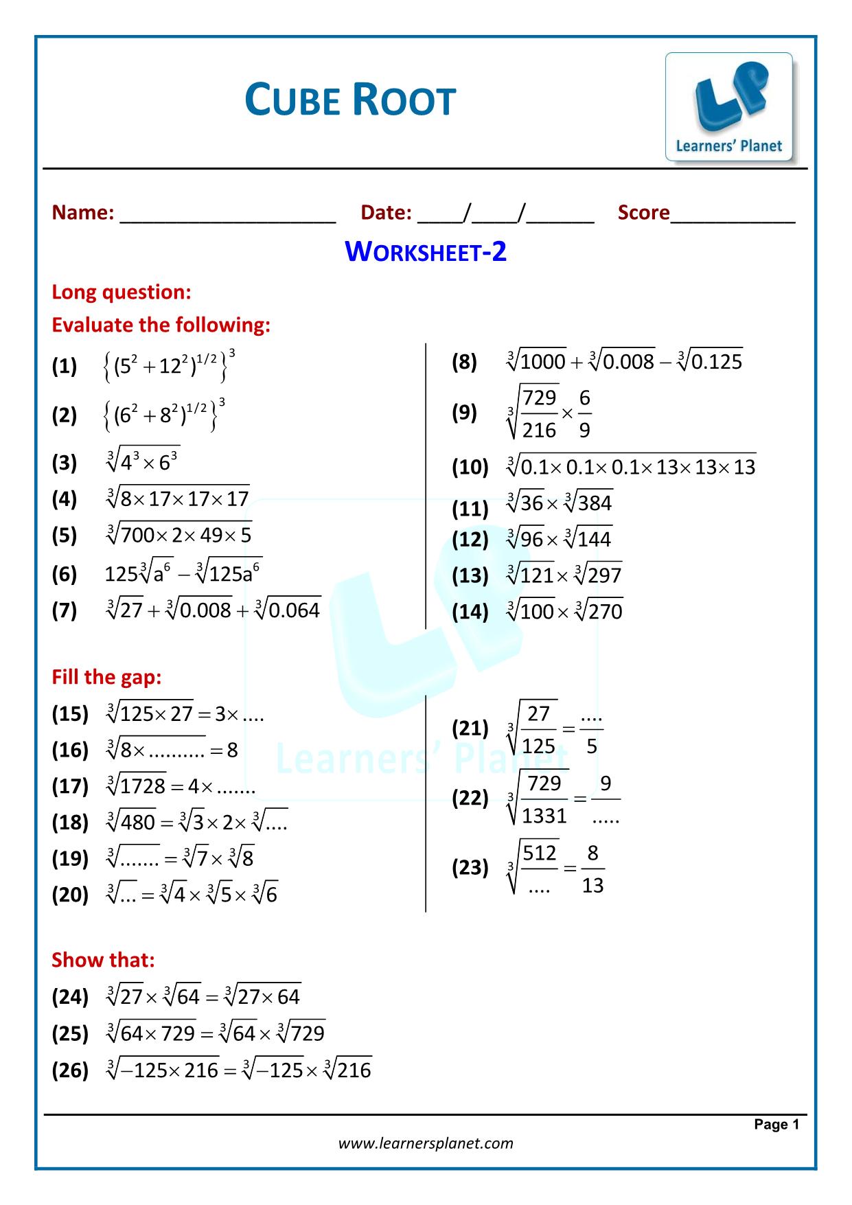 Cubes and cube roots NCERT extra questions for class 22 maths With Square And Cube Roots Worksheet
