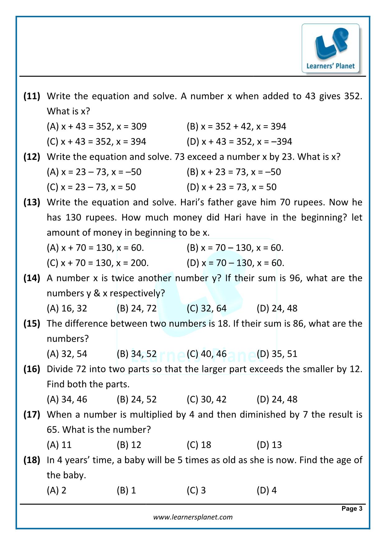 Linear equation in one variable worksheet for class 21 Within Linear Equations Worksheet With Answers