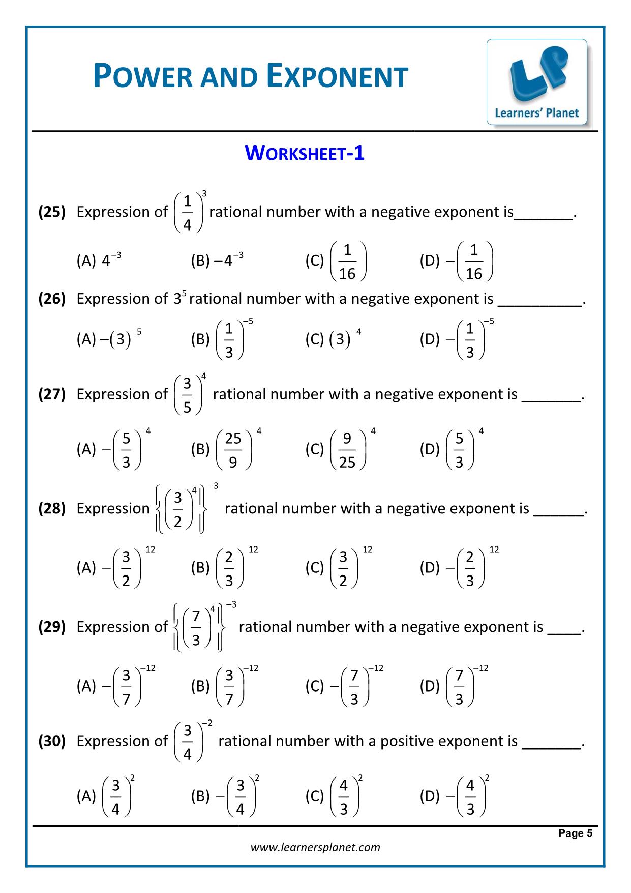 23th math cbse exponents and powers worksheets For Negative Exponents Worksheet Pdf