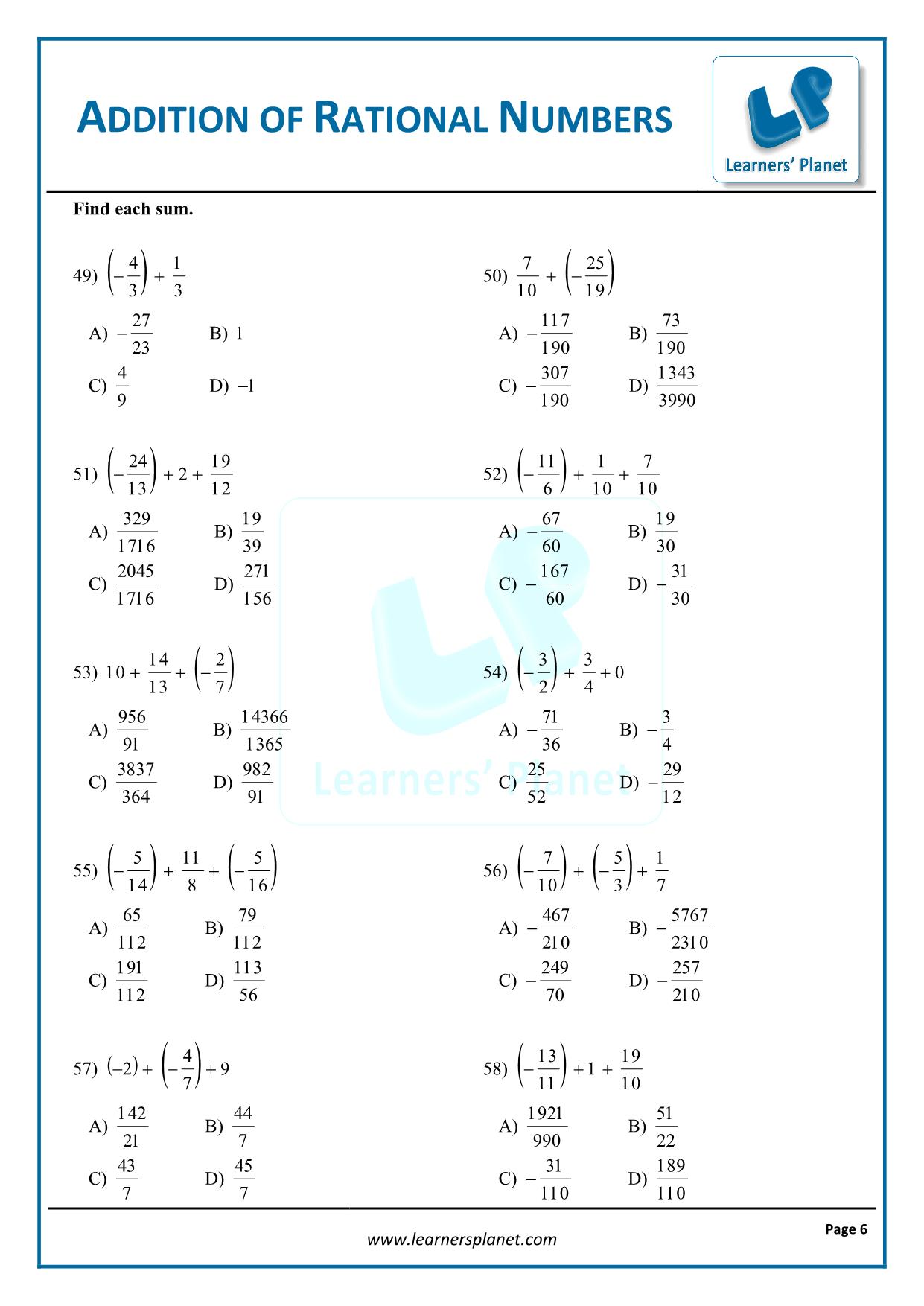 Adding rational numbers worksheets grade 20 maths Regarding Adding Rational Numbers Worksheet