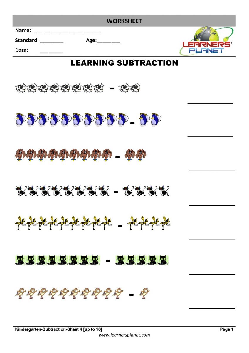 Beginner subtraction upto 20 kindergarten worksheets Pertaining To Subtraction Worksheet For Kindergarten