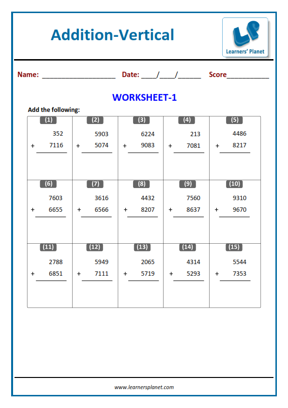 Vertical and horizontal addition worksheets grade 4
