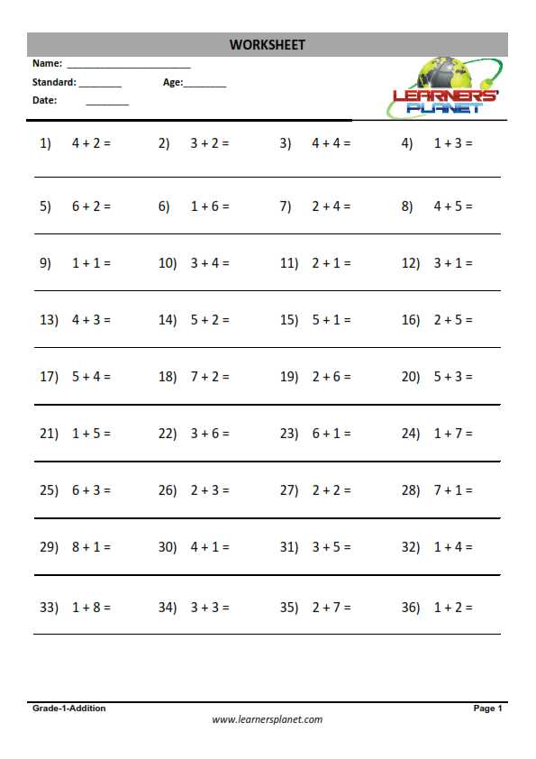 Math addition worksheet for grade 1 kids