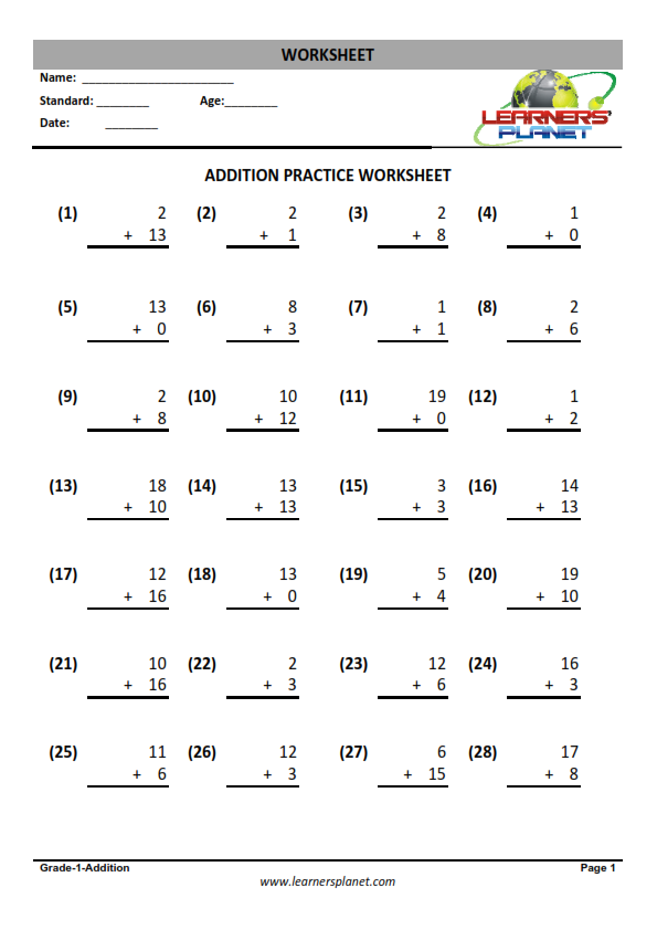 Maths class 1 addition worksheets horizontal and vertical