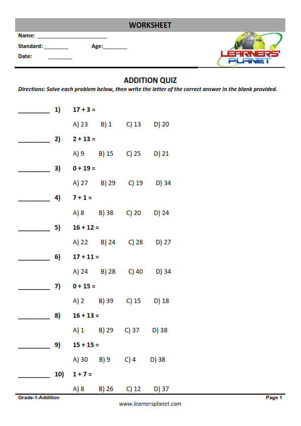 Addition worksheet printable