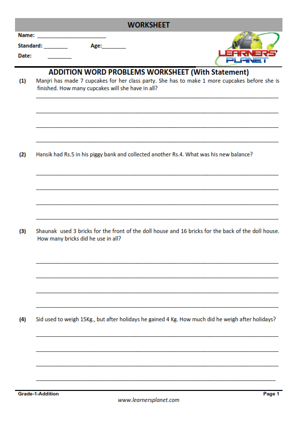 Addition word problems printable worksheet