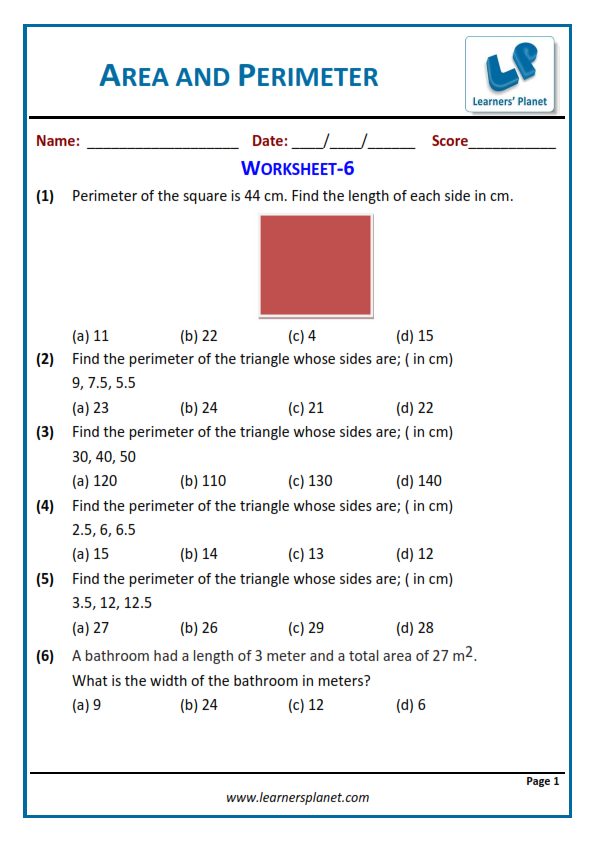 Area and perimeter class 5 math worksheets