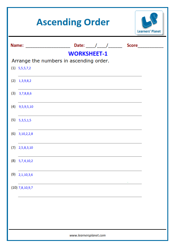 Printable class 1 ascending order worksheets