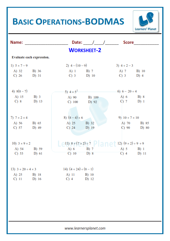 Bodmas rule worksheets grade 6 maths