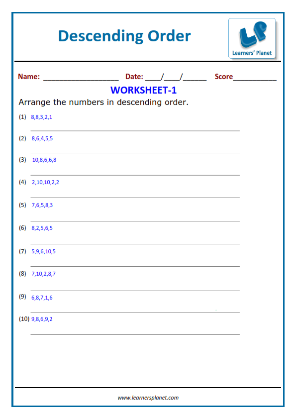 Class 1 descending order worksheets online
