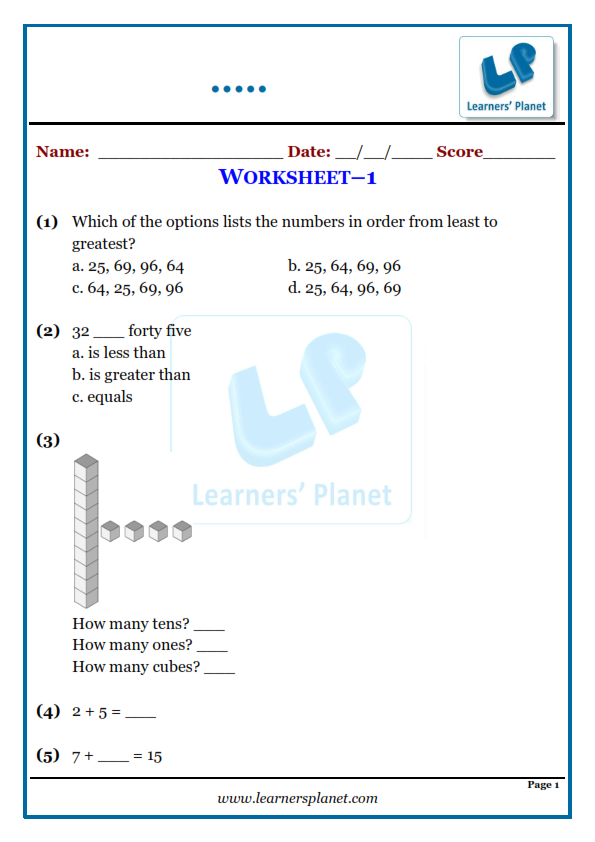 Mental math worksheet-Mixed review for grade 1