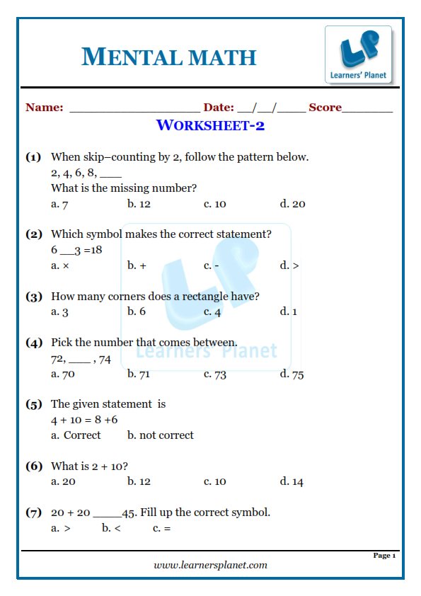 Free mental math worksheets for grade 1 children