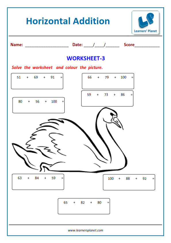 Grade 1 math worksheets horizontal addition