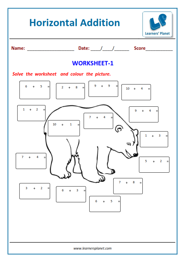 Class one kids math printable worksheets on horizontal addition