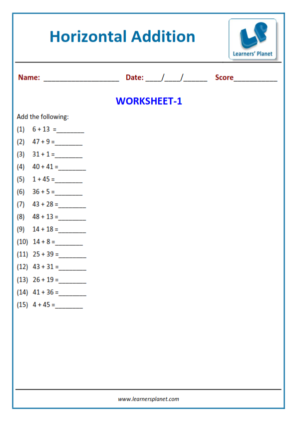 Two digit horizontal addition worksheets printable