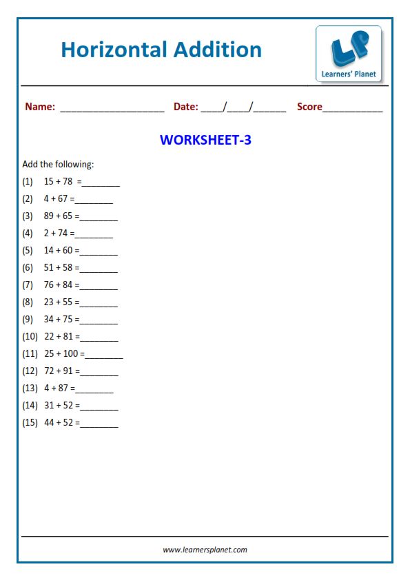 Horizontal addition 2 digit math worksheet grade 1