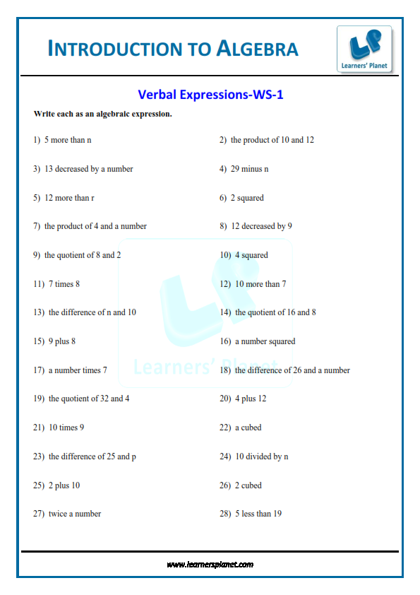 Introduction to algebra maths worksheets class vi