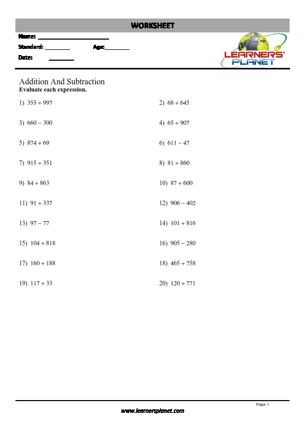 Mixed addition subtraction worksheets for class 4