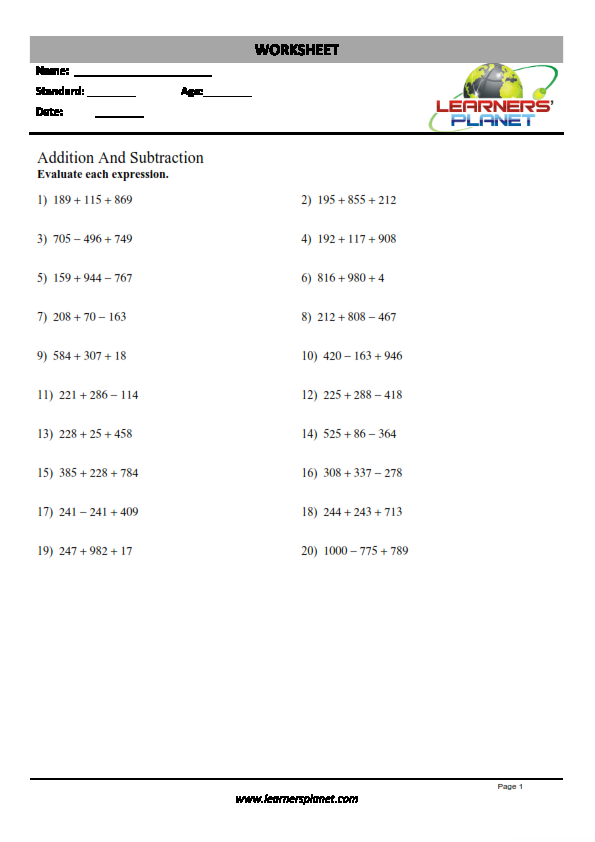 Mixed problems addition subtraction worksheets class 4