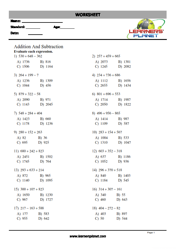 Worksheet on addition and subtraction for class 4