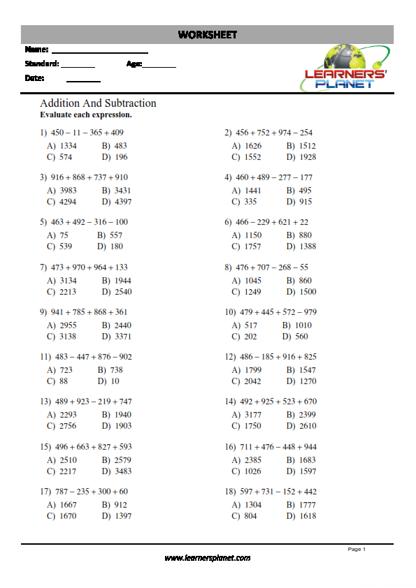 Addition and subtraction worksheets 4th grade