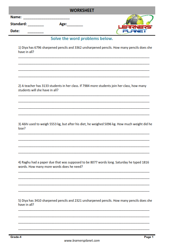 Mixed addition & subtraction word problems worksheets for grade 4