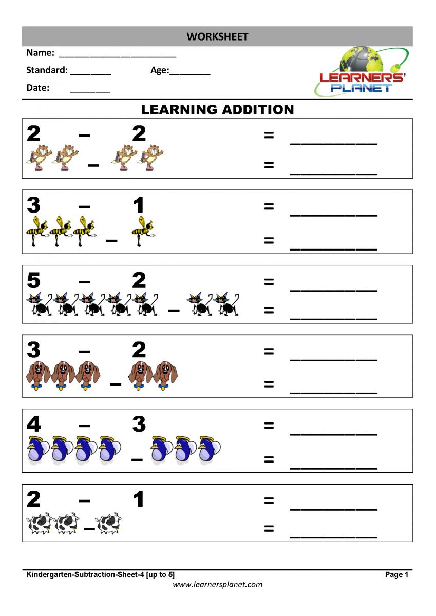 Kindergarten subtraction worksheets for kids