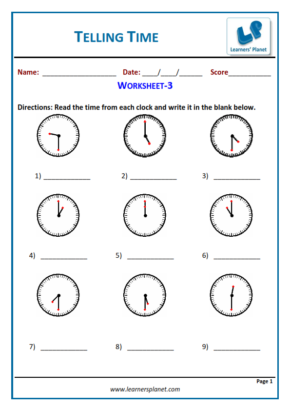 Class four telling time worksheet