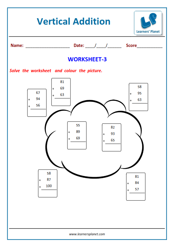 Three digit addition worksheets for grade 1