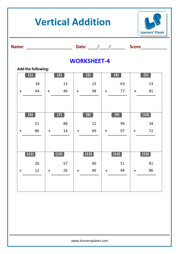 Vertical addition worksheets for 1st class kids