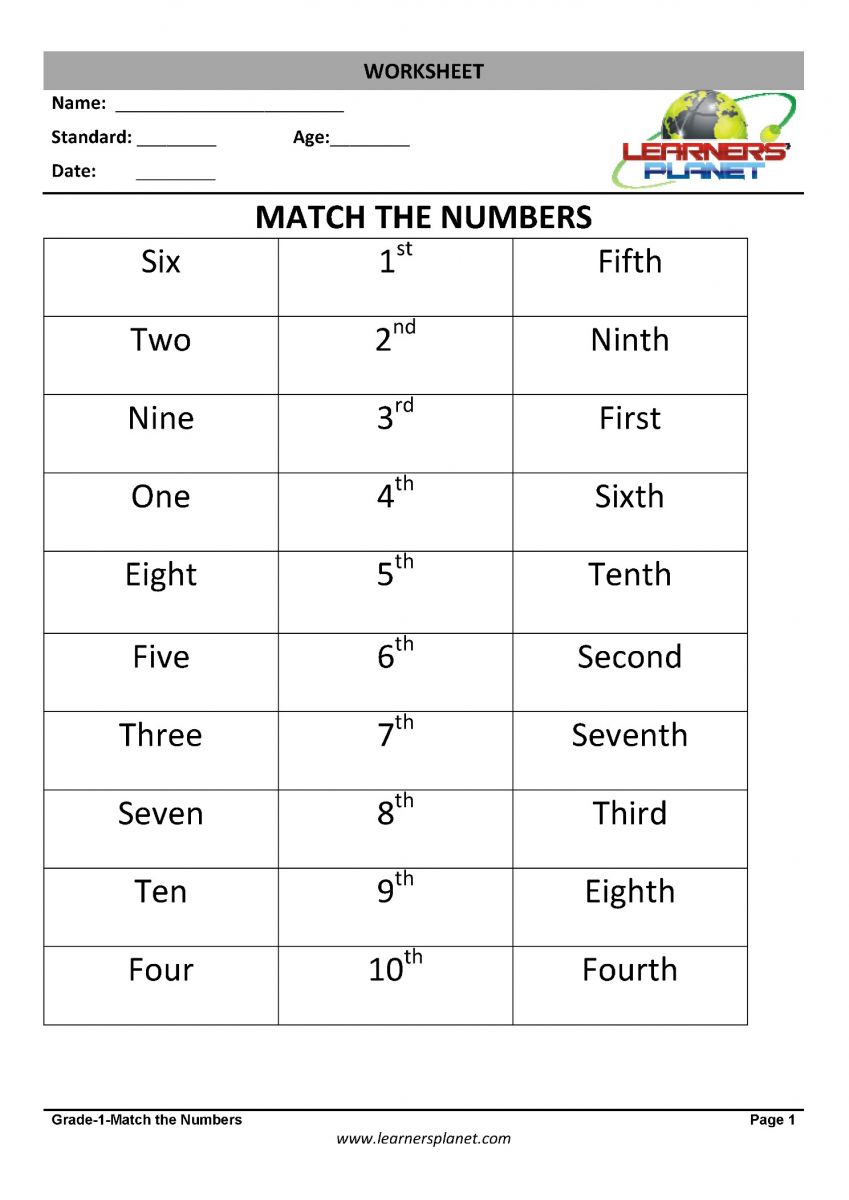 number matching worksheets class 1 math pdf